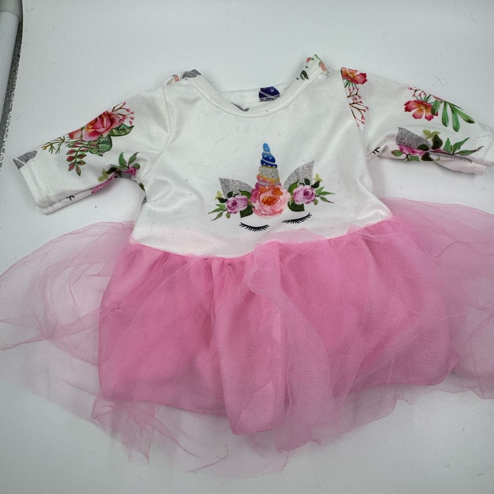18" Doll Unicorn Print Fashion Tutu Dress - White Rose Print with Pink Tulle